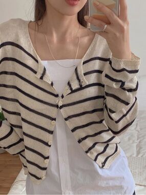 Striped V-Neck Button Front Women's Cardigan Sweater - Cream & Black